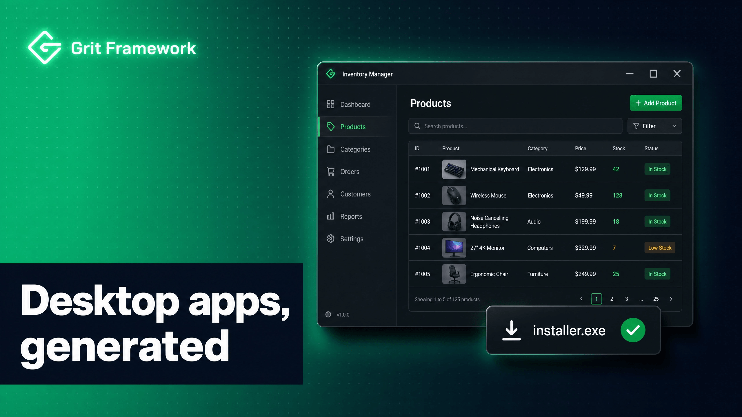 Build a desktop inventory app with Grit: generate resource → shippable .exe