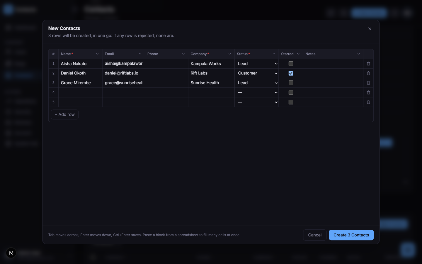 The Bulk Create grid with three rows typed in: the subtitle says they will be created in one go, and the button counts them