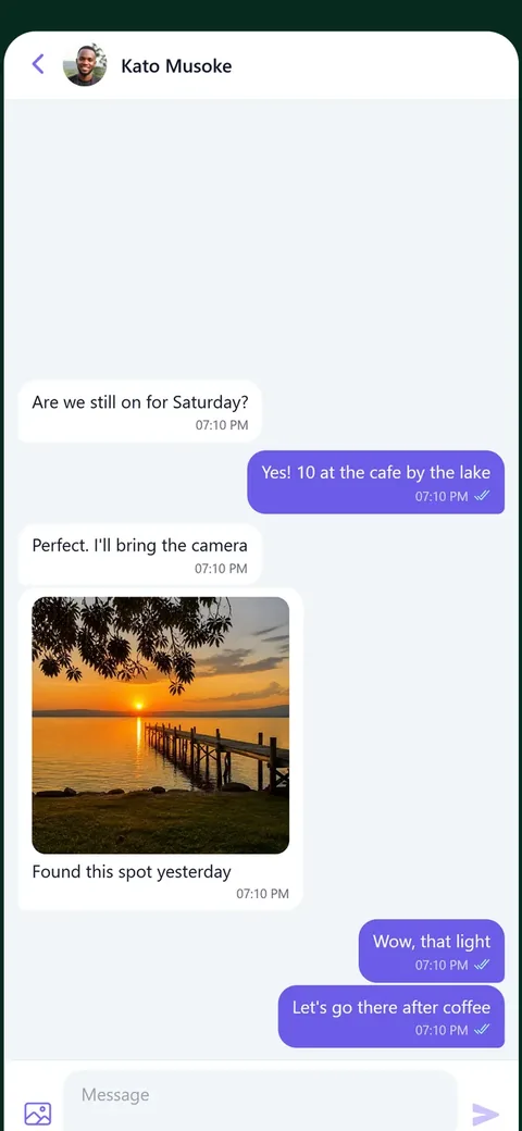 A chat: photos, read ticks and typing.
