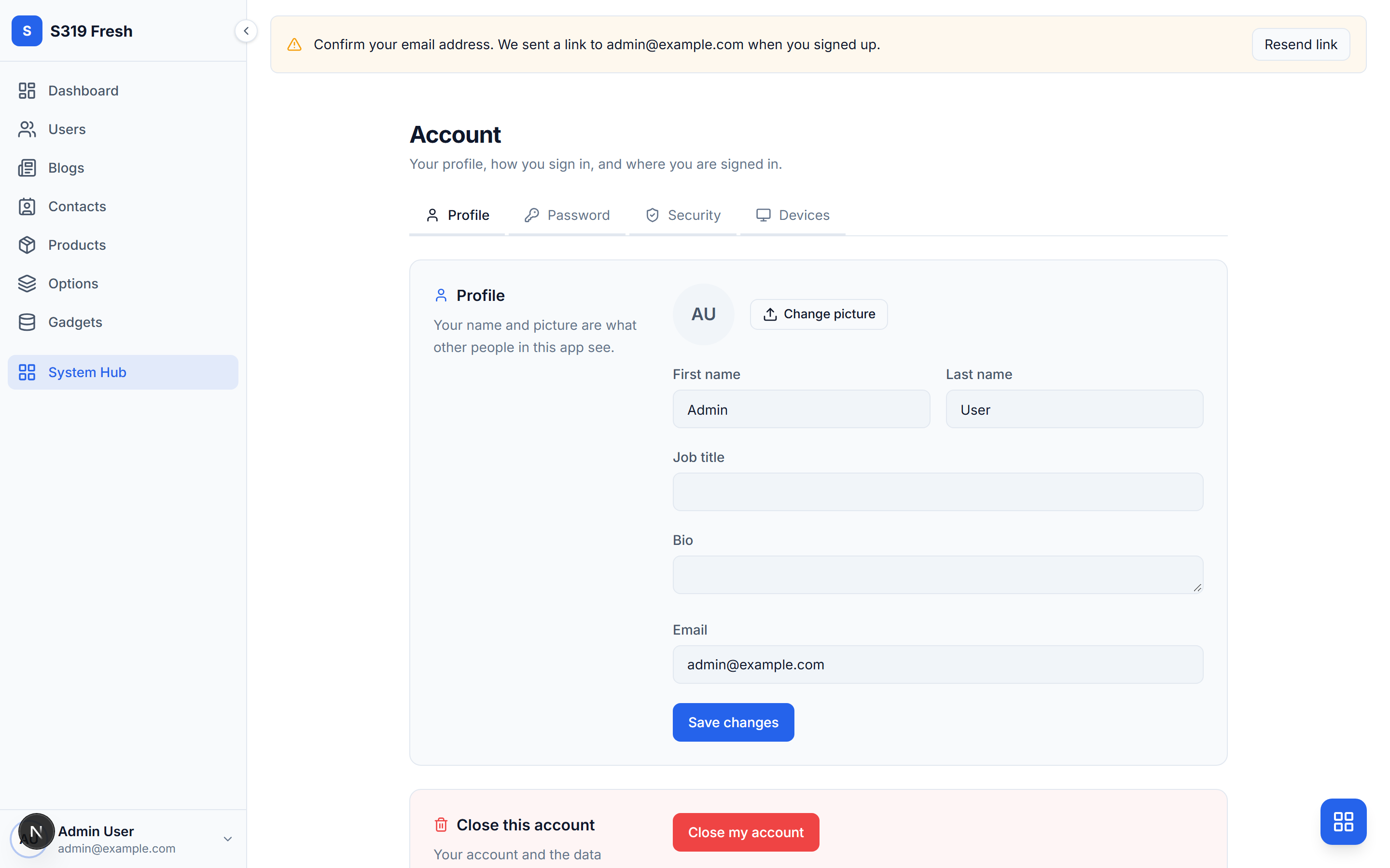 The account screen with Profile, Password, Security and Devices tabs