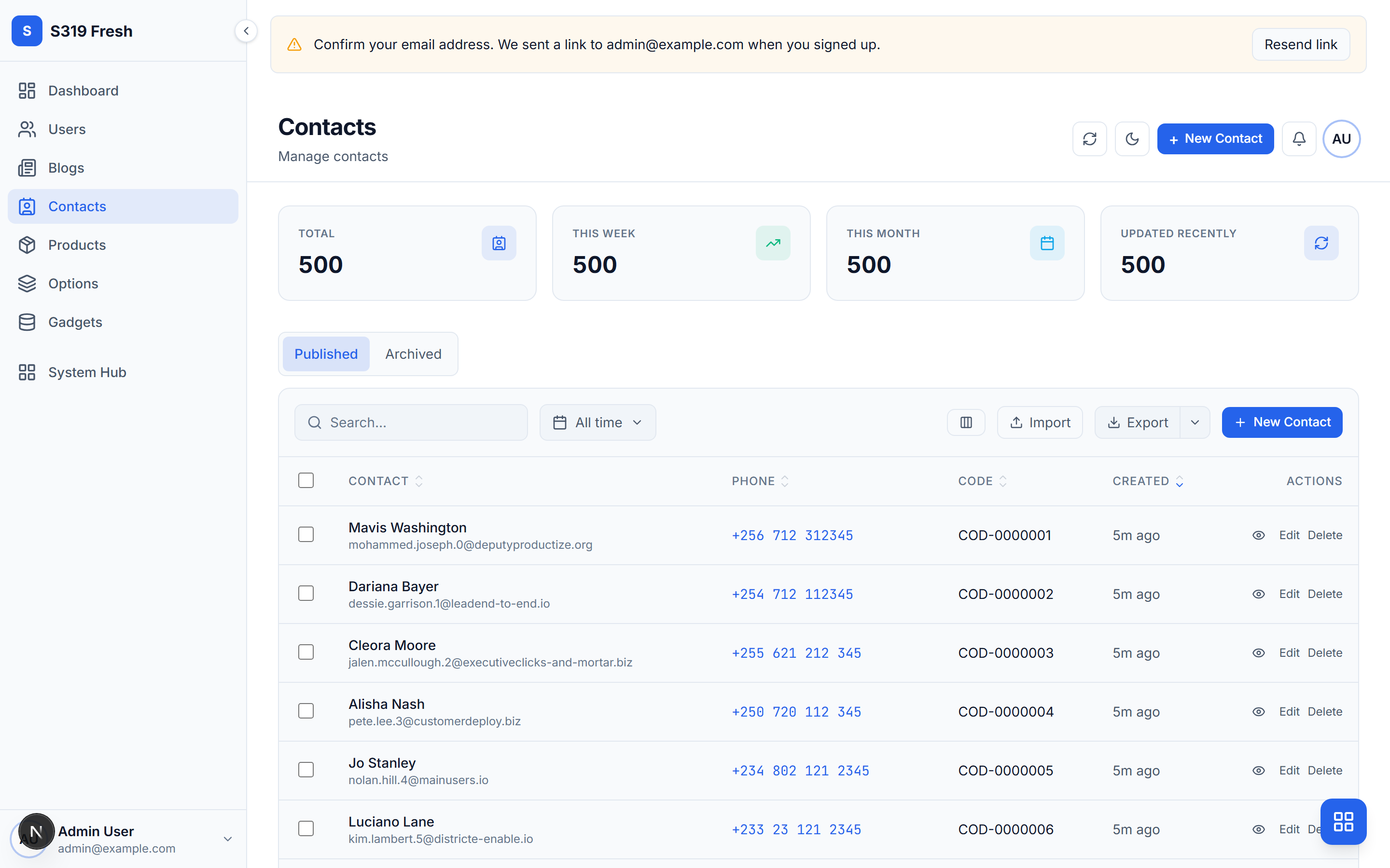 Generated list screen with statistics, search, filters and a sortable table