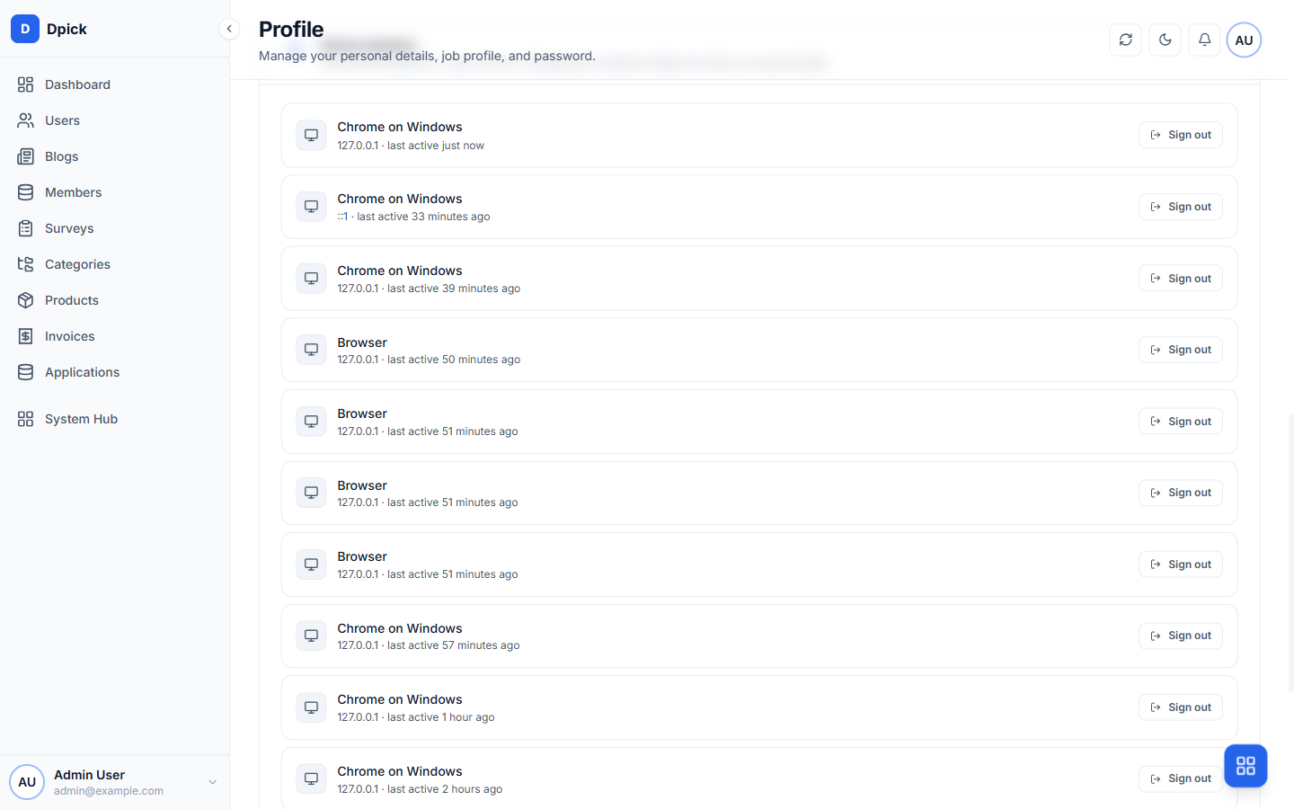 Active sessions list on the admin profile page, each with a Sign out button