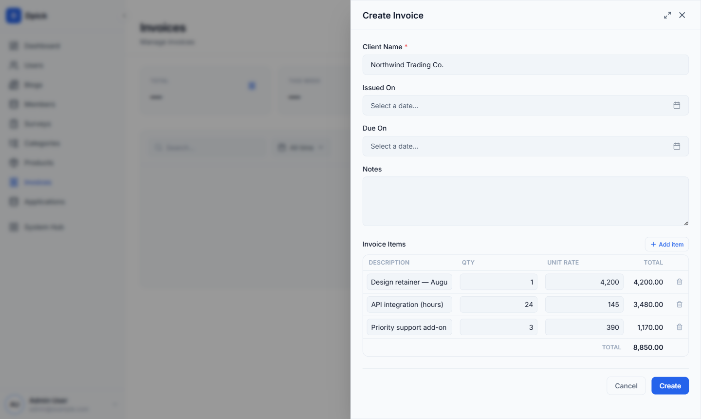 Invoice form with line items