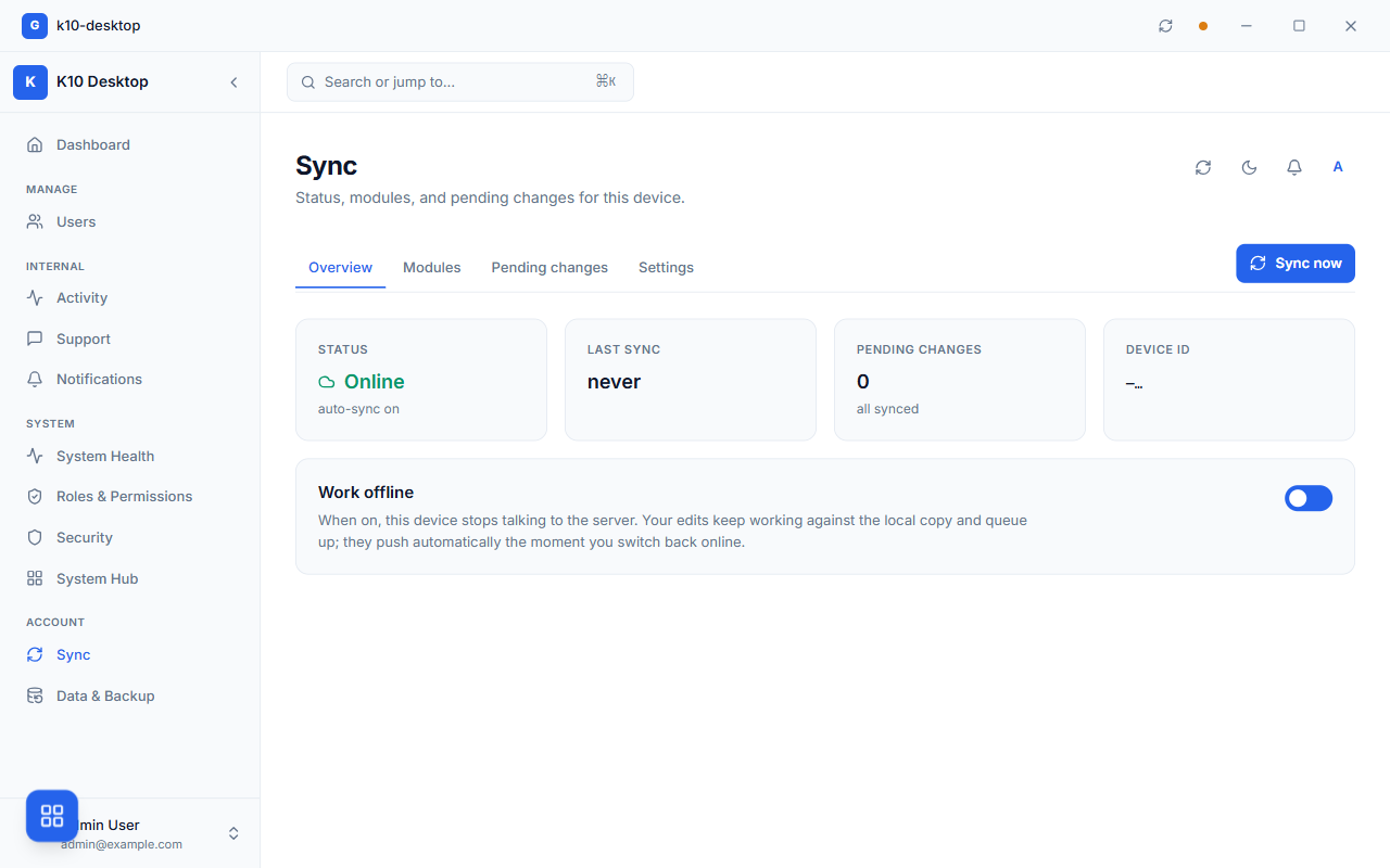 The desktop app's sync page showing status, last sync, pending changes and a Work offline switch