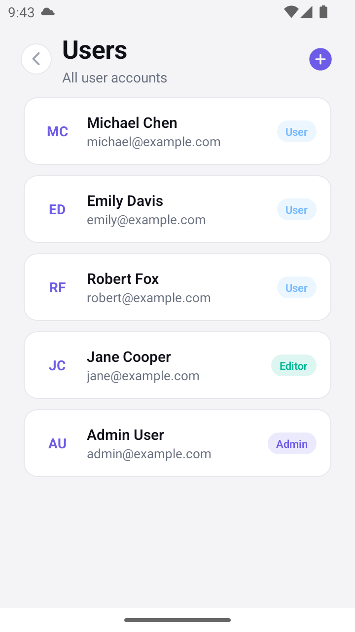The Users screen of a generated Expo app on an Android emulator, listing five accounts with role badges