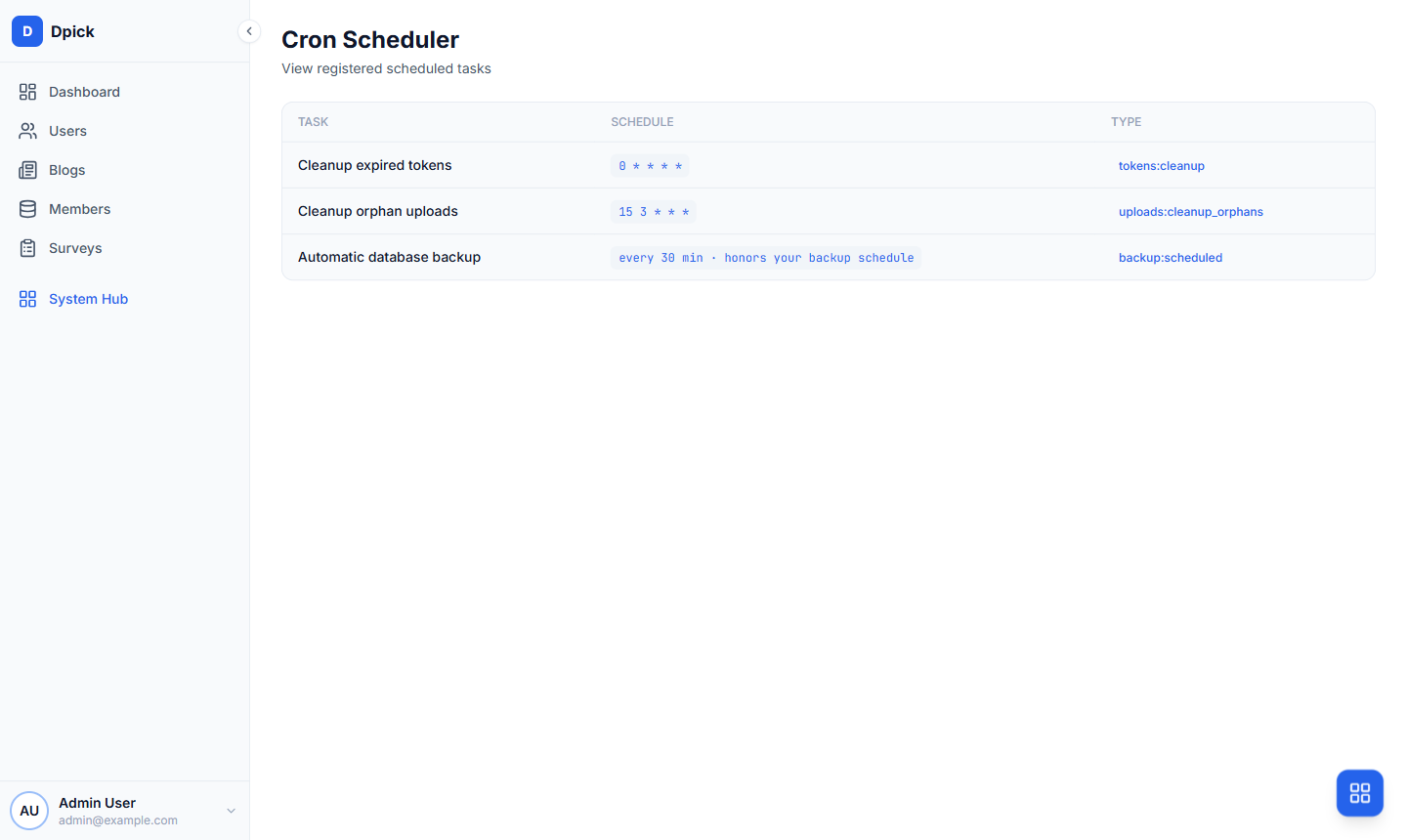 The cron scheduler page listing recurring tasks with their schedules