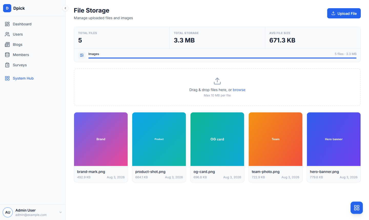 The file storage browser with thumbnails and storage totals