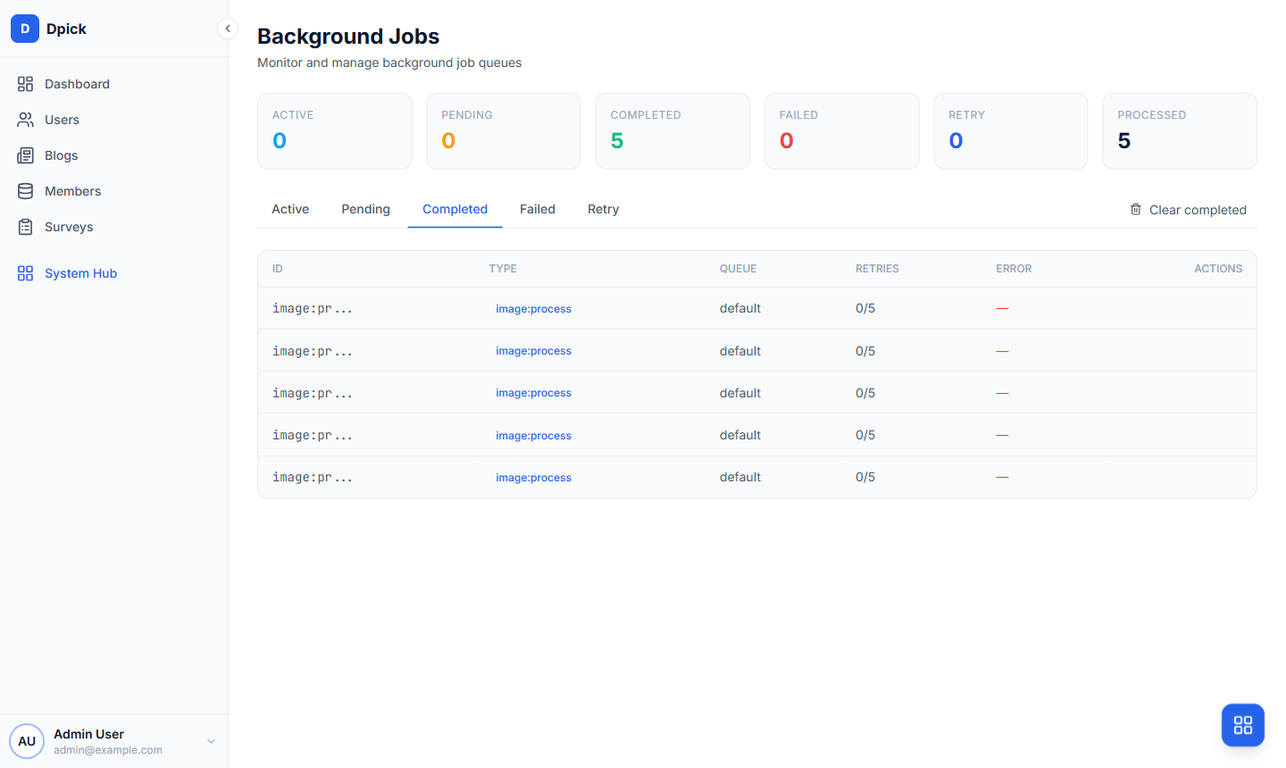The background jobs dashboard showing completed image:process jobs
